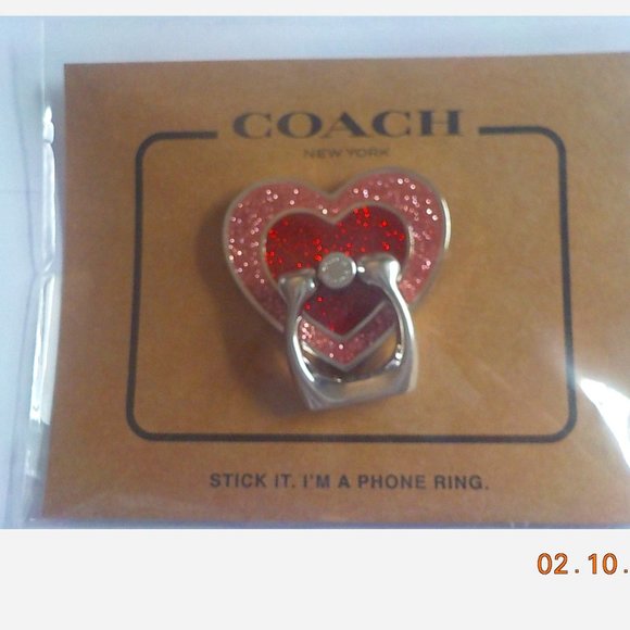 COACH PHONE RING GLITTERING 2 TONE RED HEART NWT VERY UNIQUE RARE - Picture 1 of 3